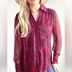 Coldwater Creek Silk Blouse Pink Maroon Paisley Long Sleeve Button Front 3X